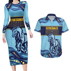Toowoomba Rugby Custom Couples Matching Long Sleeve Bodycon Dress and Hawaiian Shirt Go Clydesdales Aboriginal Art - Aussie Hoodie