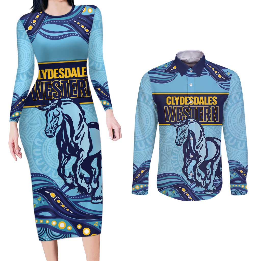 Toowoomba Rugby Custom Couples Matching Long Sleeve Bodycon Dress and Long Sleeve Button Shirt Go Clydesdales Aboriginal Art - Aussie Hoodie