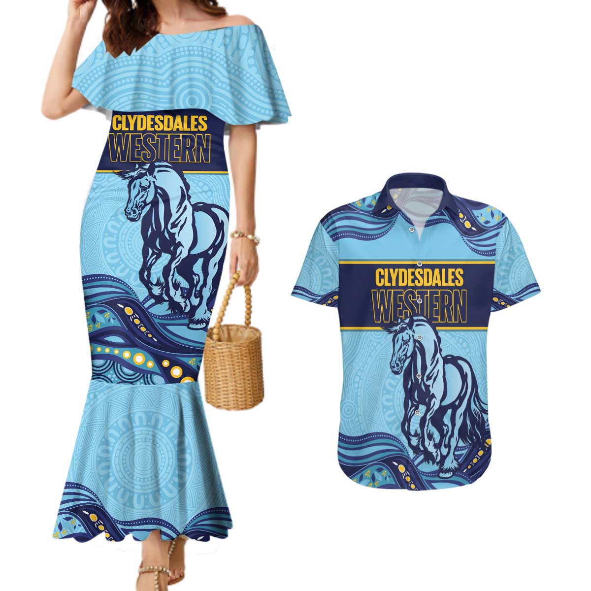 Toowoomba Rugby Custom Couples Matching Mermaid Dress and Hawaiian Shirt Go Clydesdales Aboriginal Art - Aussie Hoodie