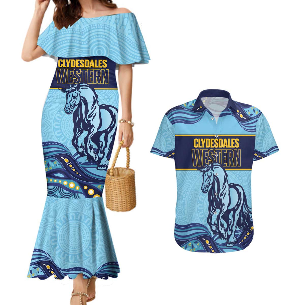 Toowoomba Rugby Custom Couples Matching Mermaid Dress and Hawaiian Shirt Go Clydesdales Aboriginal Art - Aussie Hoodie