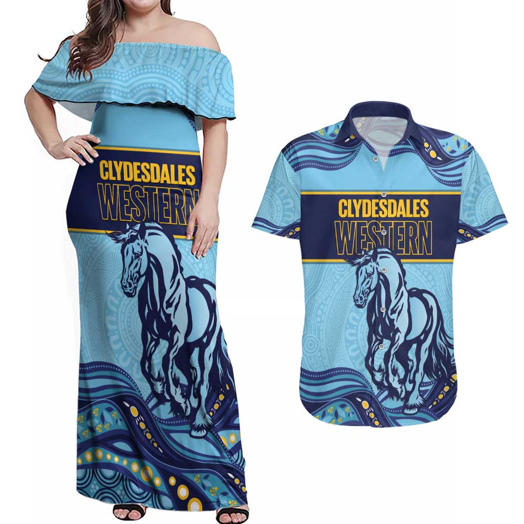 Toowoomba Rugby Custom Couples Matching Off Shoulder Maxi Dress and Hawaiian Shirt Go Clydesdales Aboriginal Art - Aussie Hoodie