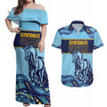 Toowoomba Rugby Custom Couples Matching Off Shoulder Maxi Dress and Hawaiian Shirt Go Clydesdales Aboriginal Art - Aussie Hoodie