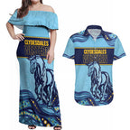 Toowoomba Rugby Custom Couples Matching Off Shoulder Maxi Dress and Hawaiian Shirt Go Clydesdales Aboriginal Art - Aussie Hoodie