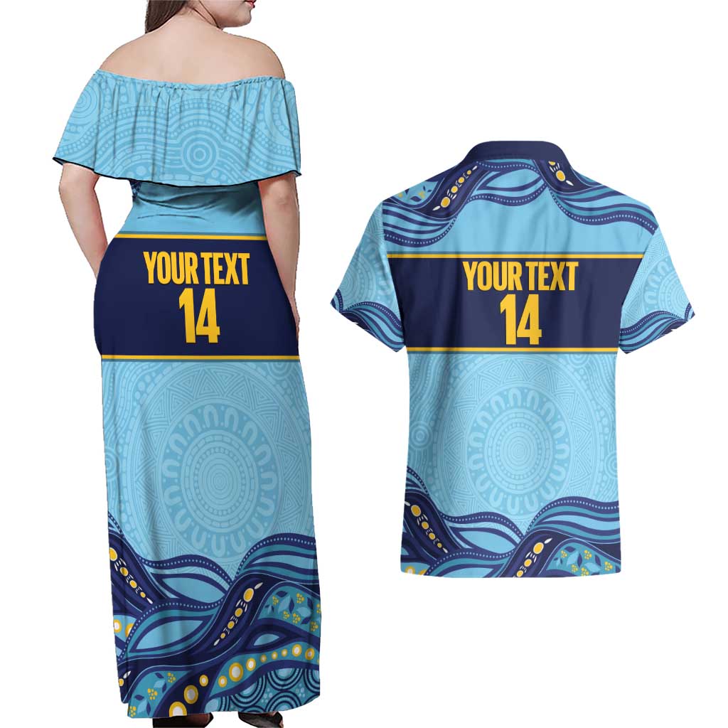 Toowoomba Rugby Custom Couples Matching Off Shoulder Maxi Dress and Hawaiian Shirt Go Clydesdales Aboriginal Art - Aussie Hoodie