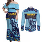 Toowoomba Rugby Custom Couples Matching Off Shoulder Maxi Dress and Long Sleeve Button Shirt Go Clydesdales Aboriginal Art - Aussie Hoodie