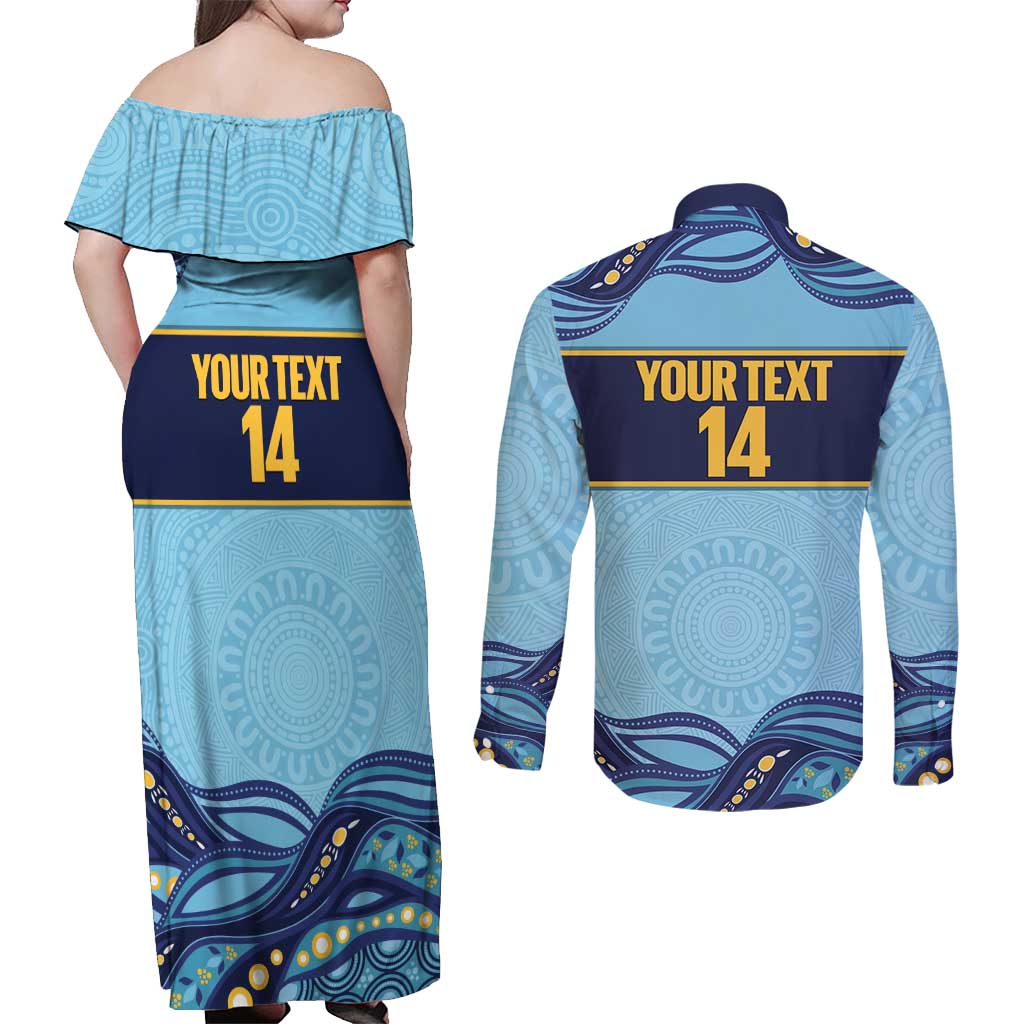 Toowoomba Rugby Custom Couples Matching Off Shoulder Maxi Dress and Long Sleeve Button Shirt Go Clydesdales Aboriginal Art - Aussie Hoodie
