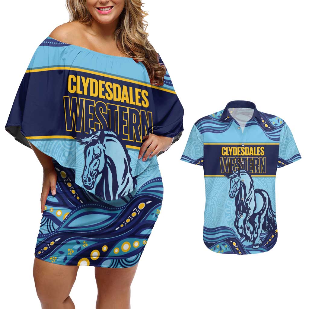 Toowoomba Rugby Custom Couples Matching Off Shoulder Short Dress and Hawaiian Shirt Go Clydesdales Aboriginal Art - Aussie Hoodie