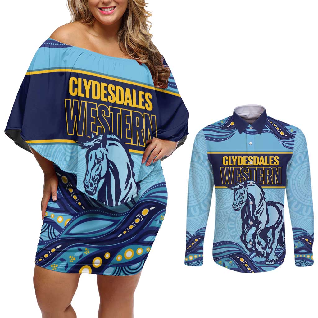 Toowoomba Rugby Custom Couples Matching Off Shoulder Short Dress and Long Sleeve Button Shirt Go Clydesdales Aboriginal Art - Aussie Hoodie