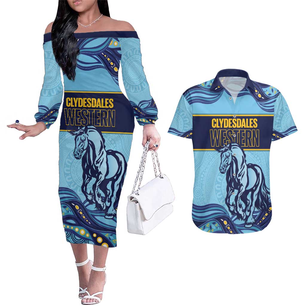 Toowoomba Rugby Custom Couples Matching Off The Shoulder Long Sleeve Dress and Hawaiian Shirt Go Clydesdales Aboriginal Art - Aussie Hoodie