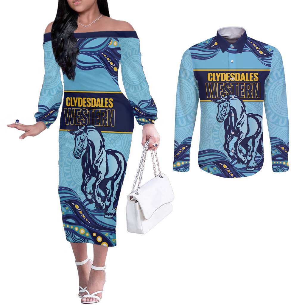 Toowoomba Rugby Custom Couples Matching Off The Shoulder Long Sleeve Dress and Long Sleeve Button Shirt Go Clydesdales Aboriginal Art - Aussie Hoodie