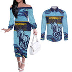 Toowoomba Rugby Custom Couples Matching Off The Shoulder Long Sleeve Dress and Long Sleeve Button Shirt Go Clydesdales Aboriginal Art - Aussie Hoodie