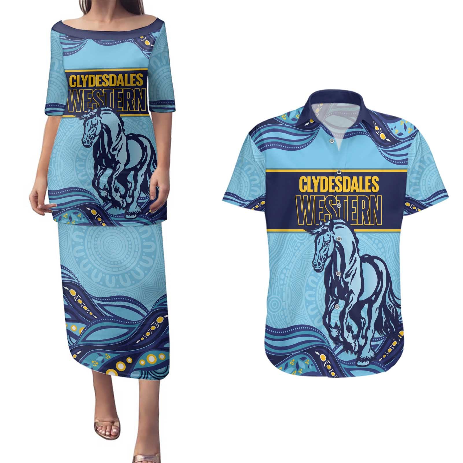Toowoomba Rugby Custom Couples Matching Puletasi and Hawaiian Shirt Go Clydesdales Aboriginal Art - Aussie Hoodie