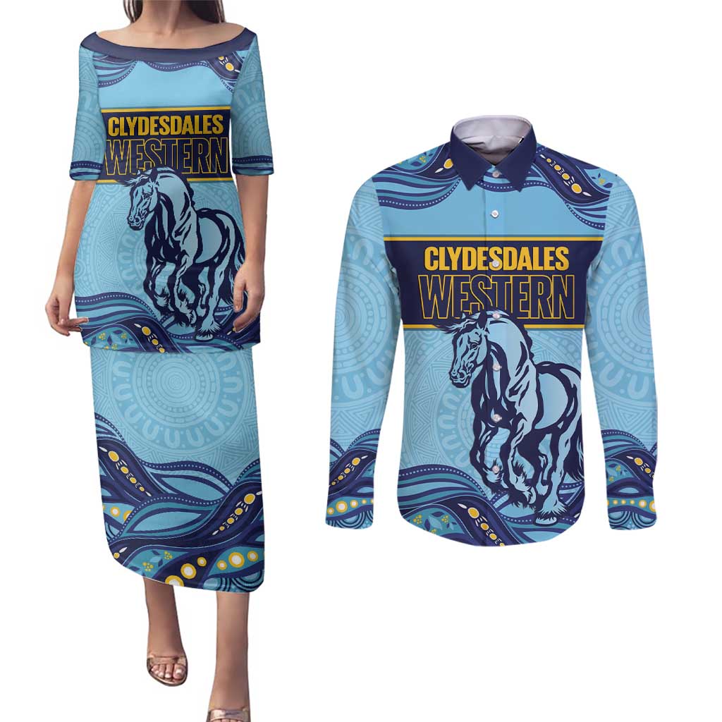 Toowoomba Rugby Custom Couples Matching Puletasi and Long Sleeve Button Shirt Go Clydesdales Aboriginal Art - Aussie Hoodie