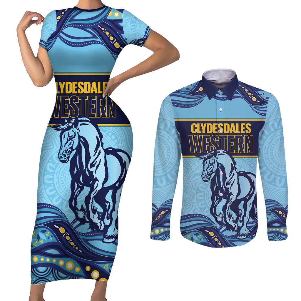 Toowoomba Rugby Custom Couples Matching Short Sleeve Bodycon Dress and Long Sleeve Button Shirt Go Clydesdales Aboriginal Art - Aussie Hoodie