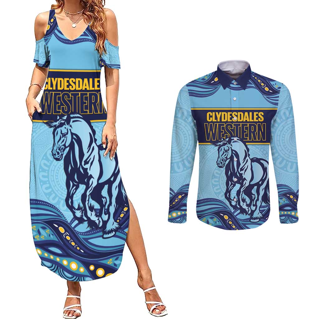 Toowoomba Rugby Custom Couples Matching Summer Maxi Dress and Long Sleeve Button Shirt Go Clydesdales Aboriginal Art - Aussie Hoodie