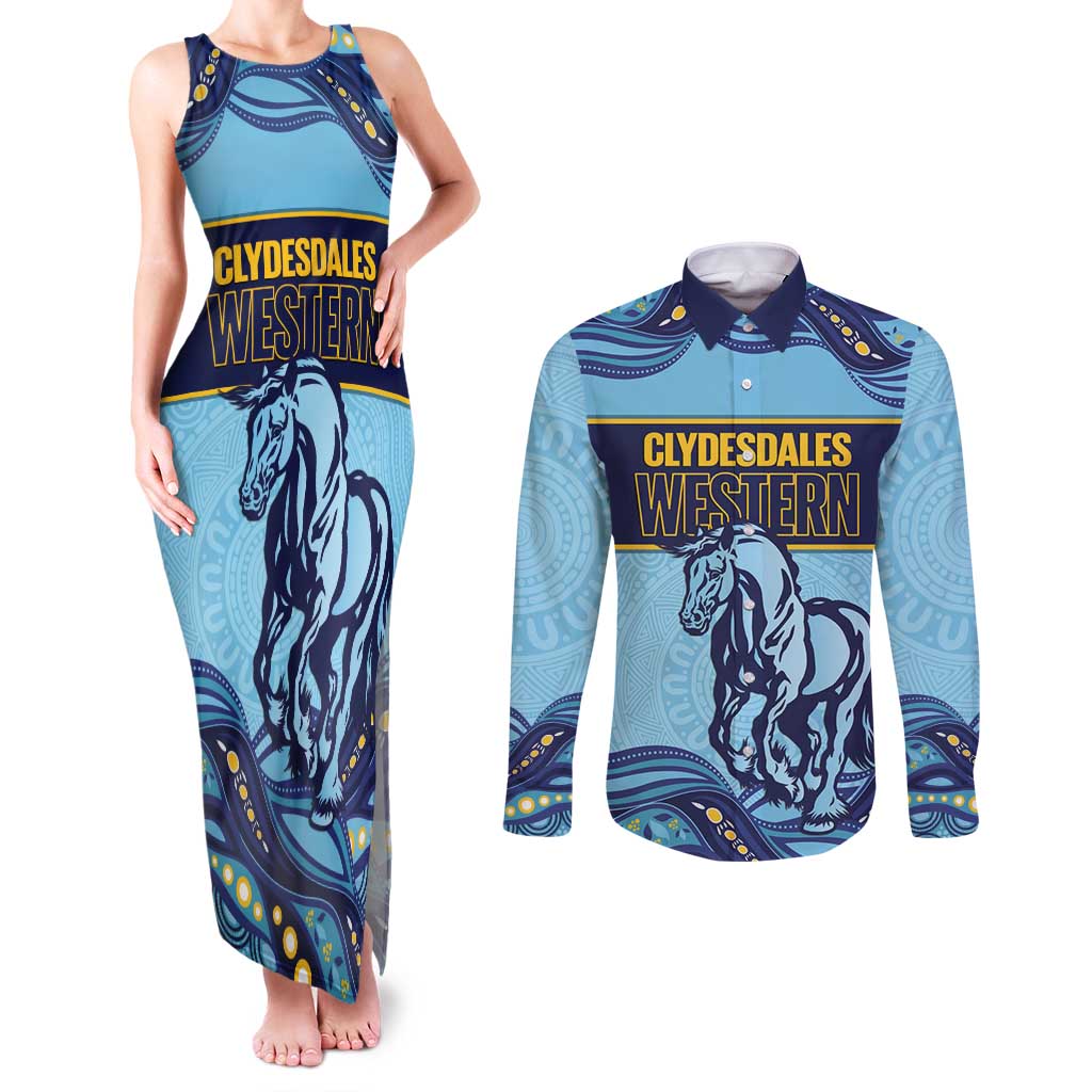 Toowoomba Rugby Custom Couples Matching Tank Maxi Dress and Long Sleeve Button Shirt Go Clydesdales Aboriginal Art - Aussie Hoodie