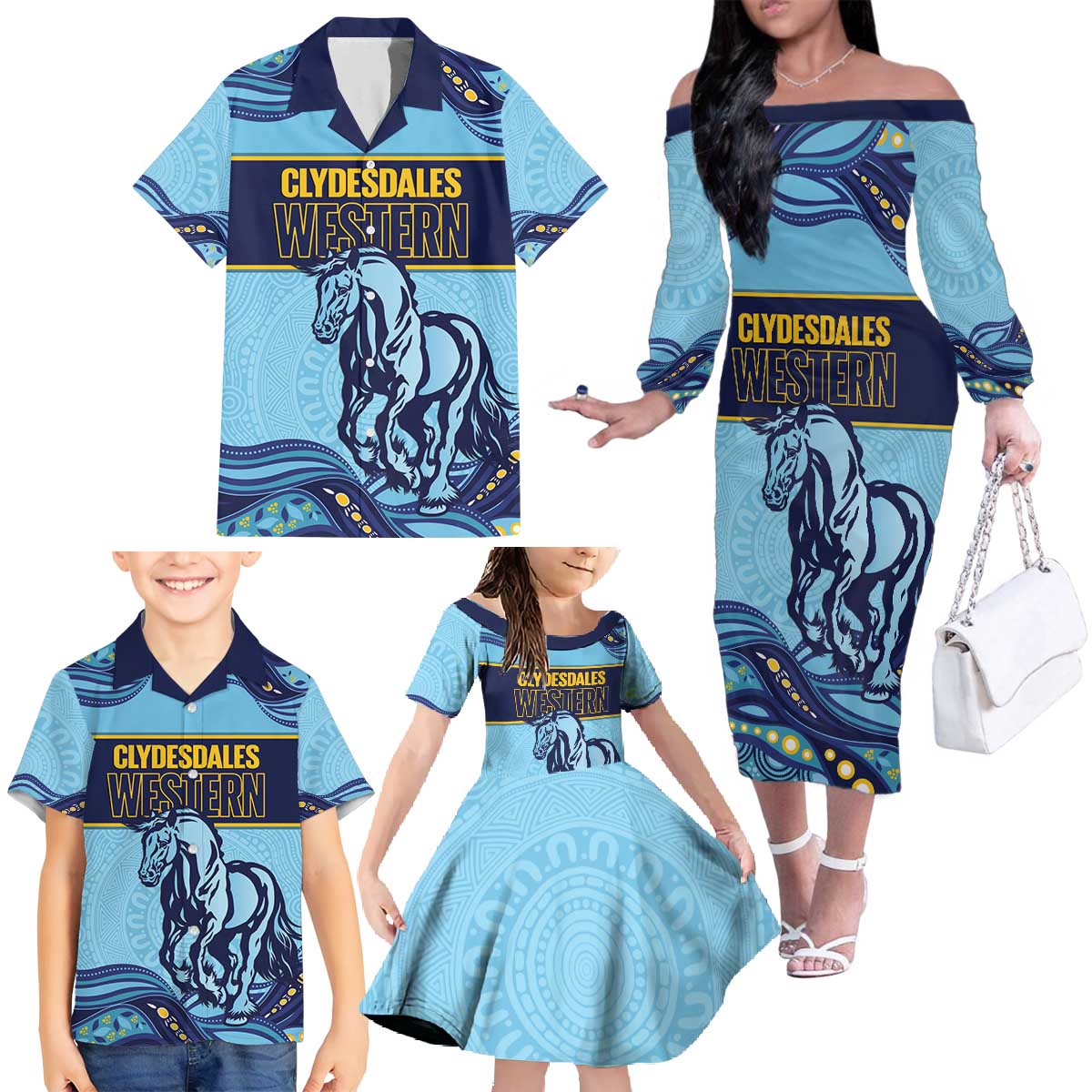 Toowoomba Rugby Custom Family Matching Off The Shoulder Long Sleeve Dress and Hawaiian Shirt Go Clydesdales Aboriginal Art - Aussie Hoodie