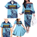 Toowoomba Rugby Custom Family Matching Off The Shoulder Long Sleeve Dress and Hawaiian Shirt Go Clydesdales Aboriginal Art - Aussie Hoodie