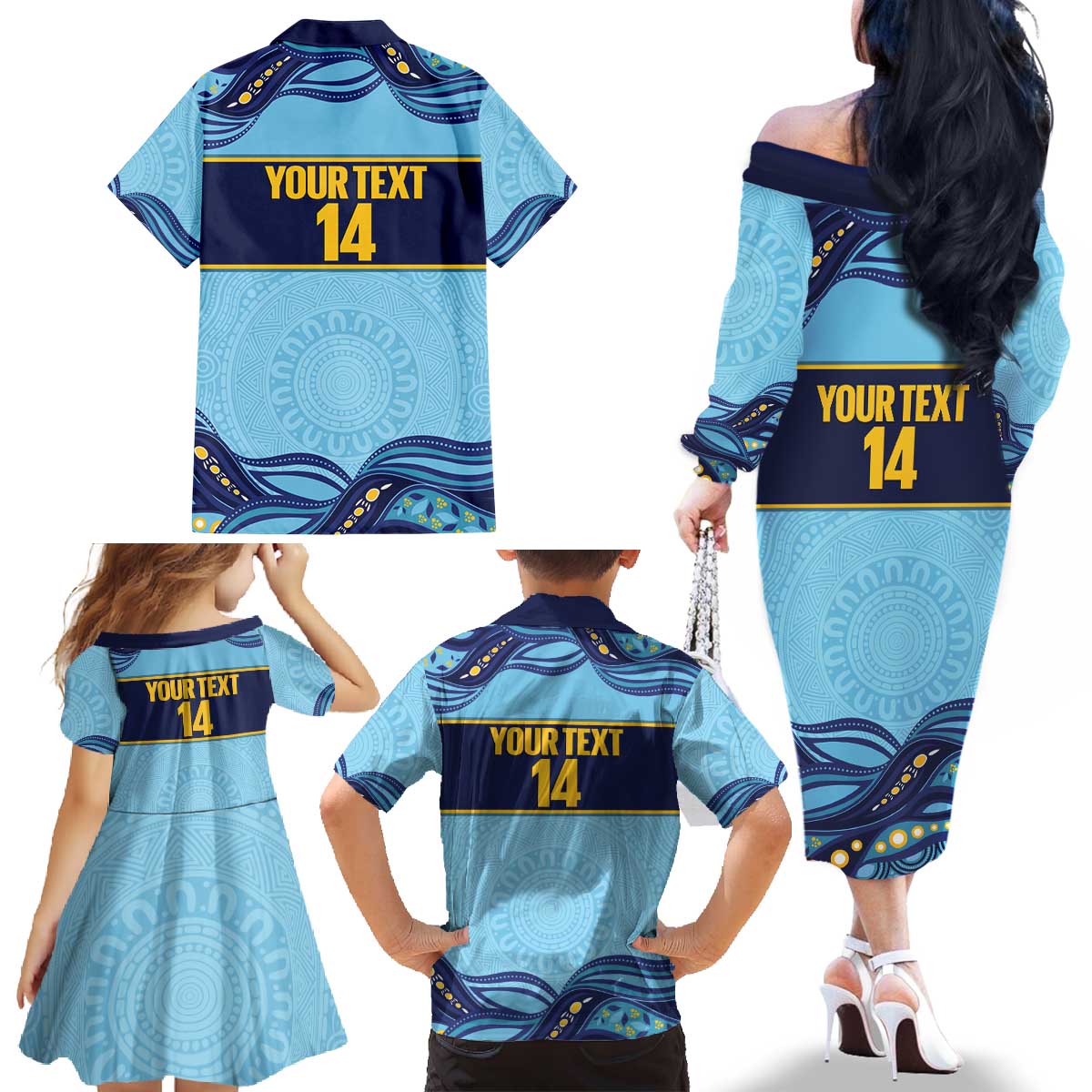 Toowoomba Rugby Custom Family Matching Off The Shoulder Long Sleeve Dress and Hawaiian Shirt Go Clydesdales Aboriginal Art - Aussie Hoodie