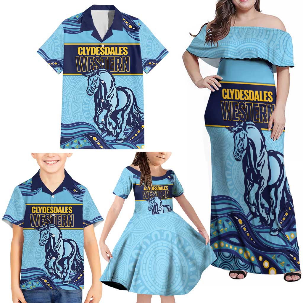 Toowoomba Rugby Custom Family Matching Off Shoulder Maxi Dress and Hawaiian Shirt Go Clydesdales Aboriginal Art - Aussie Hoodie