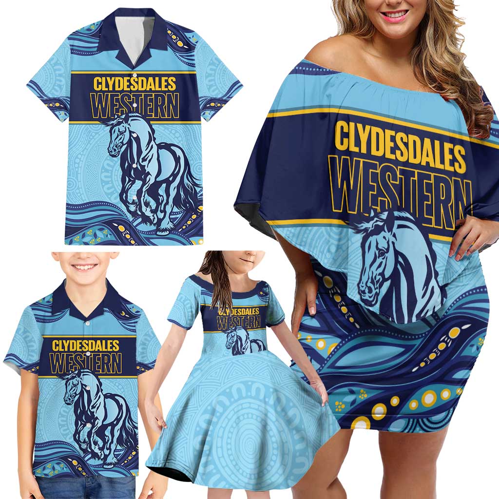 Toowoomba Rugby Custom Family Matching Off Shoulder Short Dress and Hawaiian Shirt Go Clydesdales Aboriginal Art - Aussie Hoodie