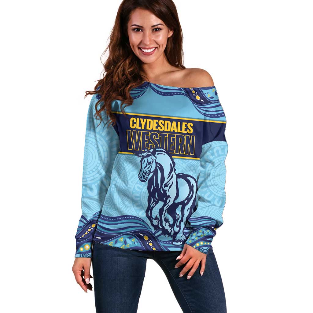Toowoomba Rugby Custom Off Shoulder Sweater Go Clydesdales Aboriginal Art - Aussie Hoodie