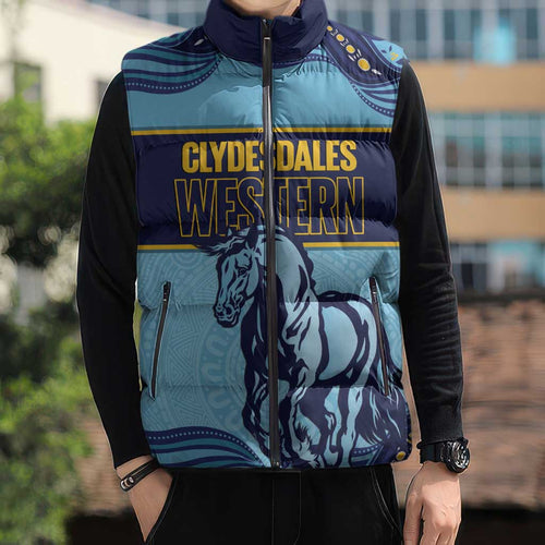 Toowoomba Rugby Custom Sleeveless Puffer Jacket Go Clydesdales Aboriginal Art - Aussie Hoodie
