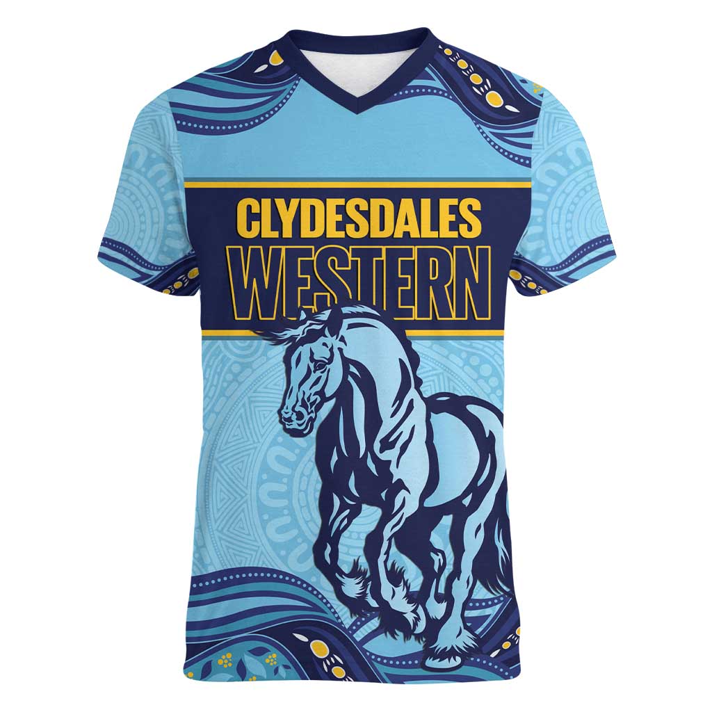 Toowoomba Rugby Custom Women V-Neck T-Shirt Go Clydesdales Aboriginal Art - Aussie Hoodie