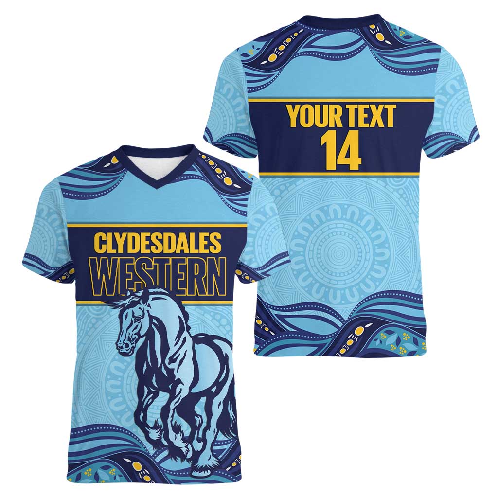 Toowoomba Rugby Custom Women V-Neck T-Shirt Go Clydesdales Aboriginal Art - Aussie Hoodie