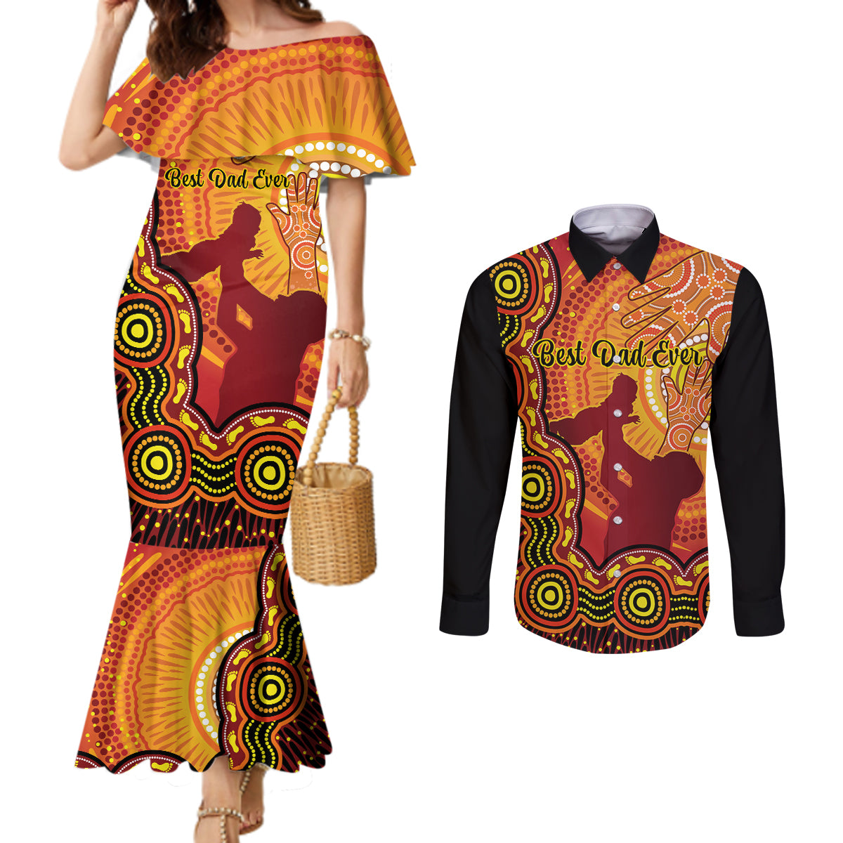 australia-father-day-couples-matching-mermaid-dress-and-long-sleeve-button-shirts-aussie-best-dad-ever-indigenous-hand-art