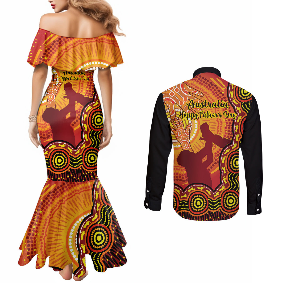 australia-father-day-couples-matching-mermaid-dress-and-long-sleeve-button-shirts-aussie-best-dad-ever-indigenous-hand-art