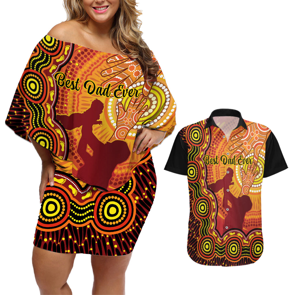 australia-father-day-couples-matching-off-shoulder-short-dress-and-hawaiian-shirt-aussie-best-dad-ever-indigenous-hand-art