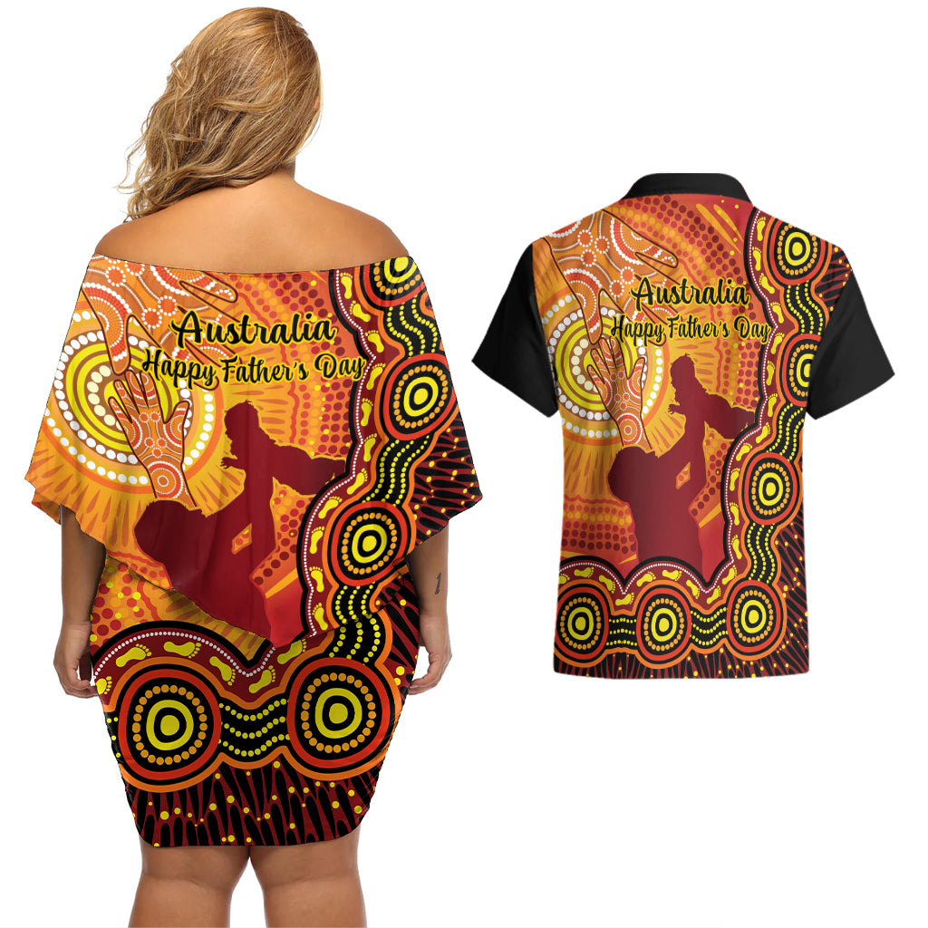 australia-father-day-couples-matching-off-shoulder-short-dress-and-hawaiian-shirt-aussie-best-dad-ever-indigenous-hand-art