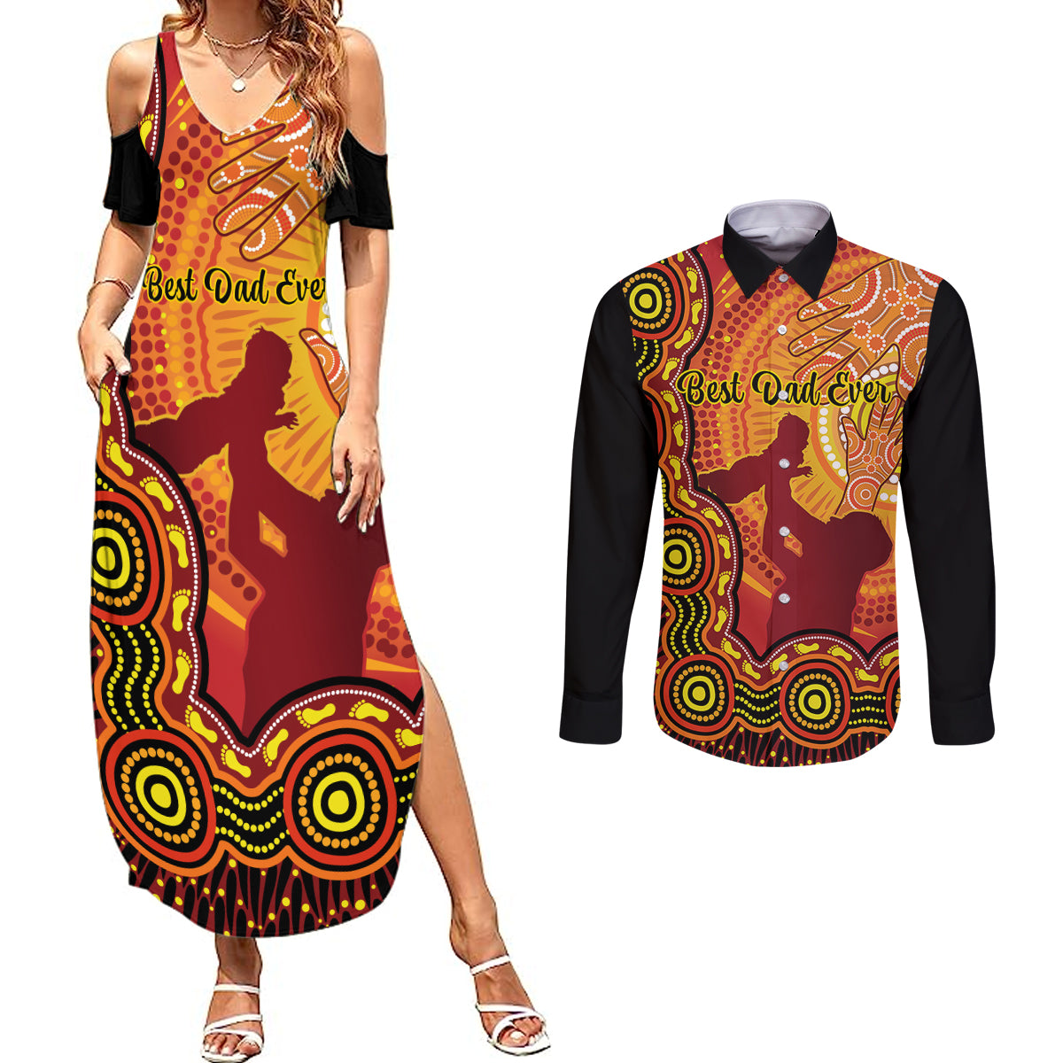 australia-father-day-couples-matching-summer-maxi-dress-and-long-sleeve-button-shirts-aussie-best-dad-ever-indigenous-hand-art