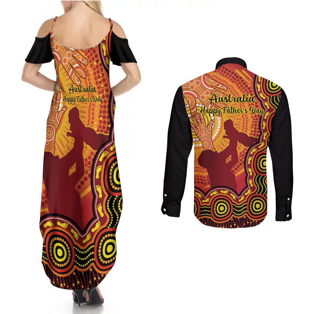 australia-father-day-couples-matching-summer-maxi-dress-and-long-sleeve-button-shirts-aussie-best-dad-ever-indigenous-hand-art
