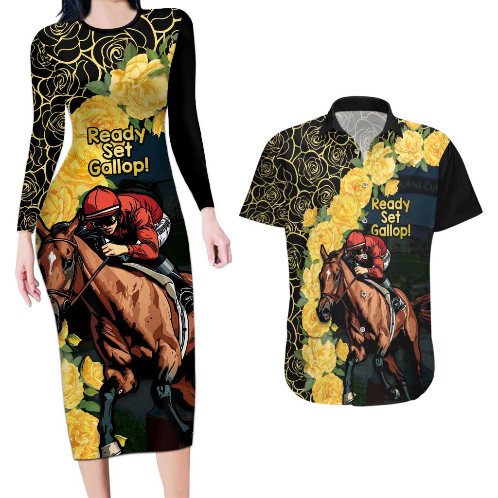 Melbourne Horse Racing Couples Matching Long Sleeve Bodycon Dress and Hawaiian Shirt Yellow Roses - Ready Set Gallop! LT14