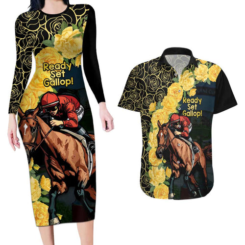 Melbourne Horse Racing Couples Matching Long Sleeve Bodycon Dress and Hawaiian Shirt Yellow Roses - Ready Set Gallop! LT14