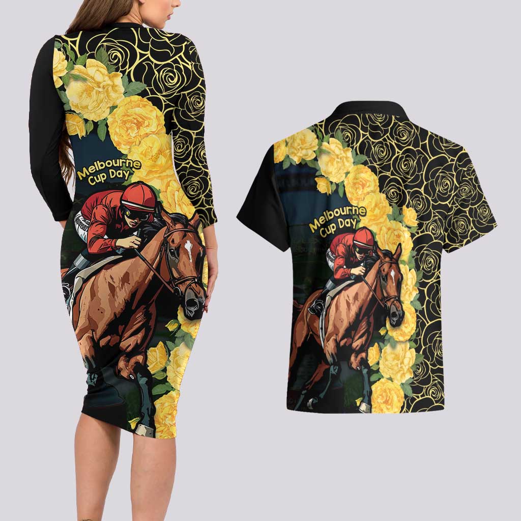 Melbourne Horse Racing Couples Matching Long Sleeve Bodycon Dress and Hawaiian Shirt Yellow Roses - Ready Set Gallop! LT14