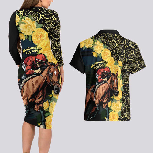 Melbourne Horse Racing Couples Matching Long Sleeve Bodycon Dress and Hawaiian Shirt Yellow Roses - Ready Set Gallop! LT14