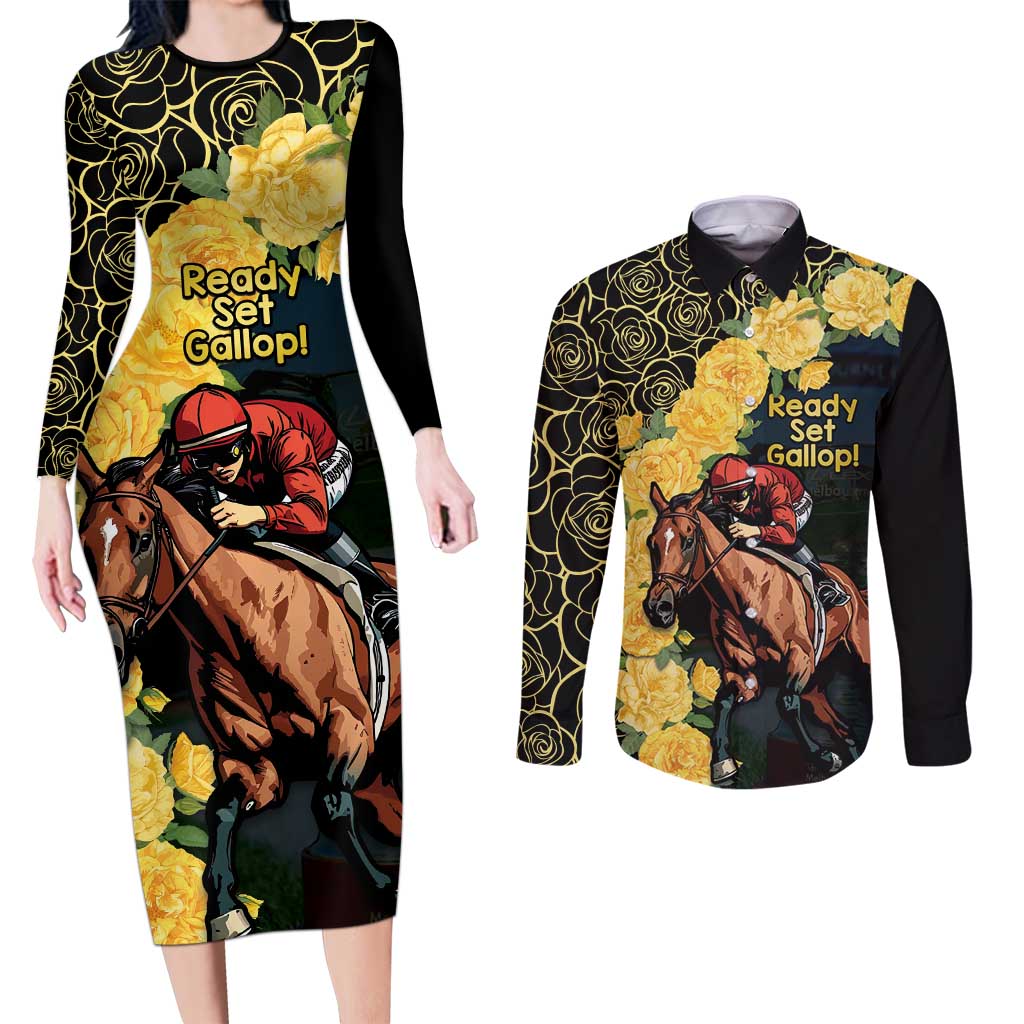 Melbourne Horse Racing Couples Matching Long Sleeve Bodycon Dress and Long Sleeve Button Shirt Yellow Roses - Ready Set Gallop! LT14