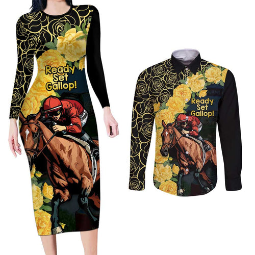 Melbourne Horse Racing Couples Matching Long Sleeve Bodycon Dress and Long Sleeve Button Shirt Yellow Roses - Ready Set Gallop! LT14