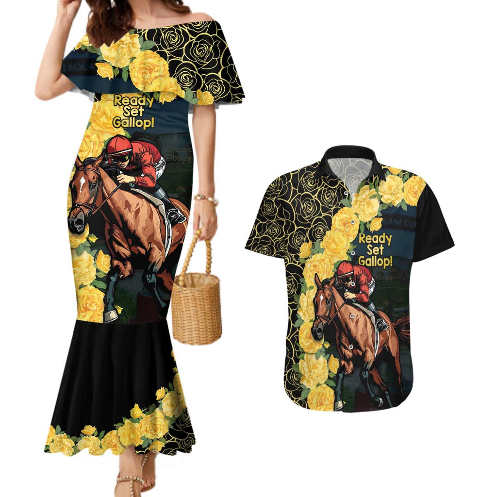 Melbourne Horse Racing Couples Matching Mermaid Dress and Hawaiian Shirt Yellow Roses - Ready Set Gallop! LT14
