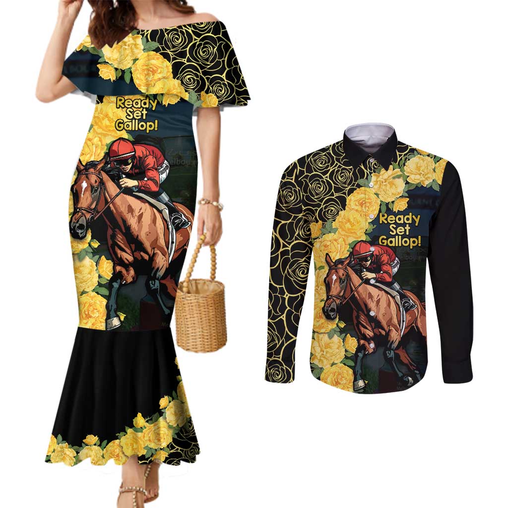 Melbourne Horse Racing Couples Matching Mermaid Dress and Long Sleeve Button Shirt Yellow Roses - Ready Set Gallop! LT14