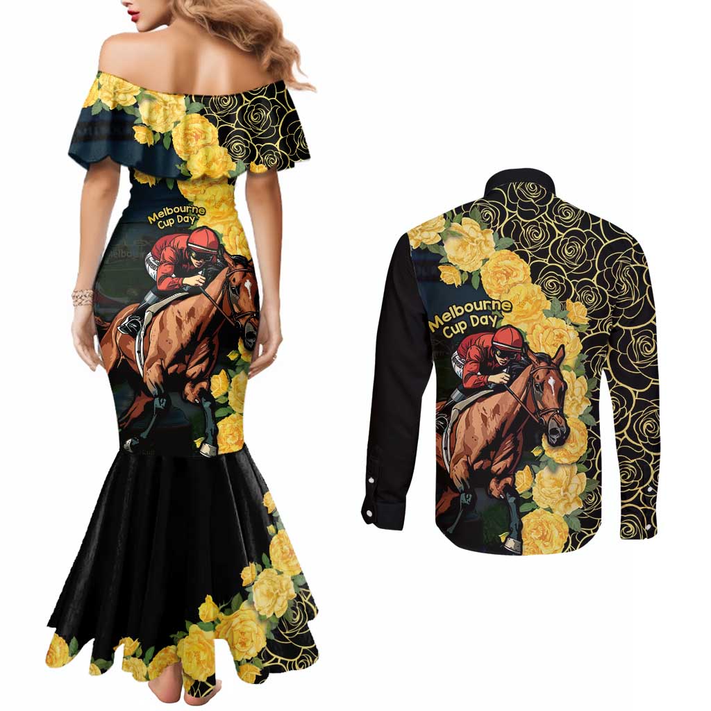 Melbourne Horse Racing Couples Matching Mermaid Dress and Long Sleeve Button Shirt Yellow Roses - Ready Set Gallop! LT14