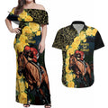 Melbourne Horse Racing Couples Matching Off Shoulder Maxi Dress and Hawaiian Shirt Yellow Roses - Ready Set Gallop! LT14