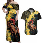 Melbourne Horse Racing Couples Matching Off Shoulder Maxi Dress and Hawaiian Shirt Yellow Roses - Ready Set Gallop! LT14
