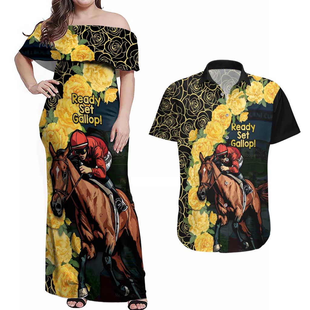 Melbourne Horse Racing Couples Matching Off Shoulder Maxi Dress and Hawaiian Shirt Yellow Roses - Ready Set Gallop! LT14