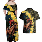 Melbourne Horse Racing Couples Matching Off Shoulder Maxi Dress and Hawaiian Shirt Yellow Roses - Ready Set Gallop! LT14