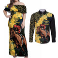 Melbourne Horse Racing Couples Matching Off Shoulder Maxi Dress and Long Sleeve Button Shirt Yellow Roses - Ready Set Gallop! LT14