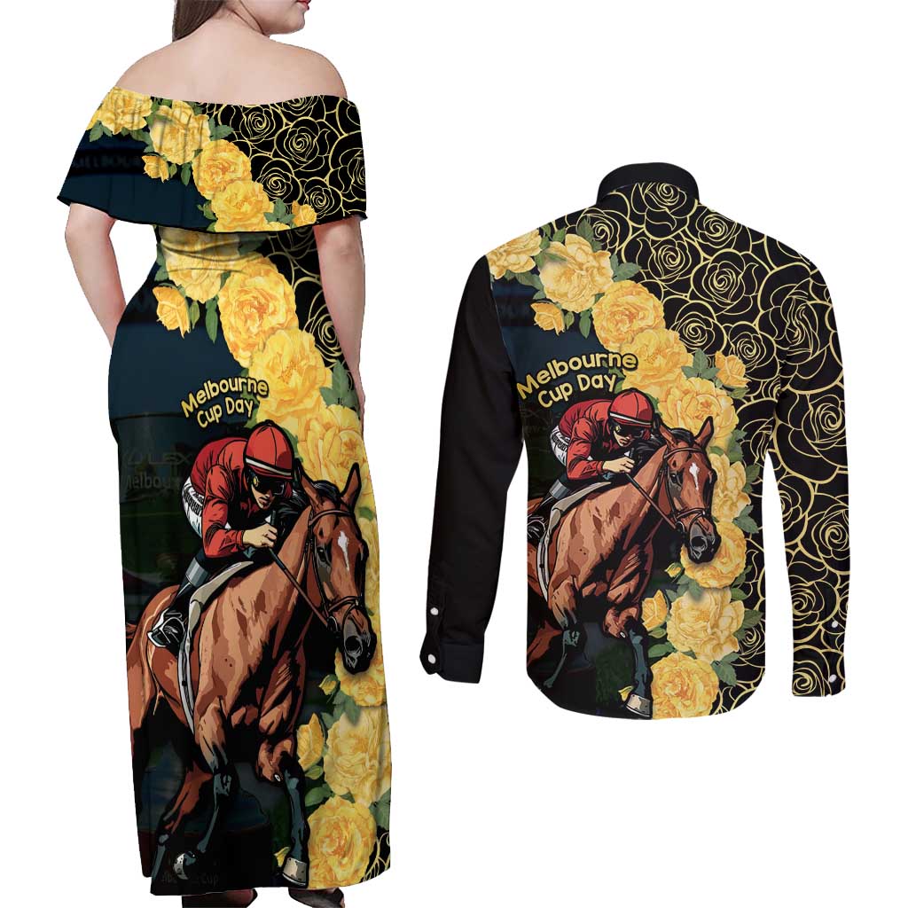 Melbourne Horse Racing Couples Matching Off Shoulder Maxi Dress and Long Sleeve Button Shirt Yellow Roses - Ready Set Gallop! LT14
